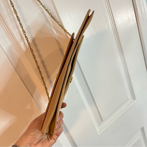 Vintage Italian Leather Double Flap Clutch Bag Caramel Brown Gold Chain 90s Luxe - Picture 3 of 12